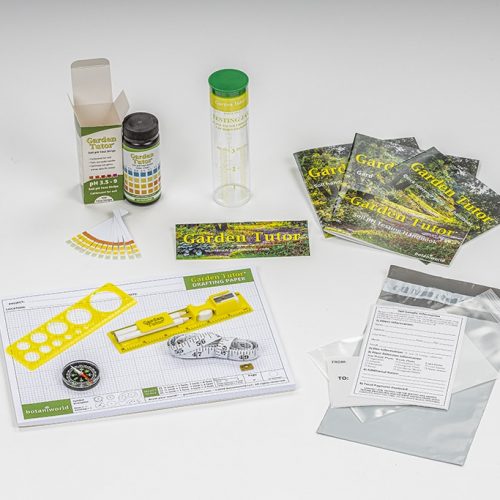 All components that are included in the master garden tutor course kit (ph test kit, soil texture test kit, drafting kit, garden layout graph paper, compass, tape measure and soil test mailing kit.