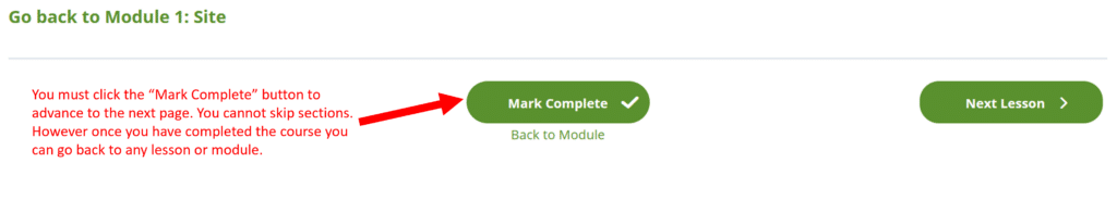 image showing a red arrow pointing to the "Mark Complete" button that you must select to advance tot the next lesson or module in the Garden Tutor Course.